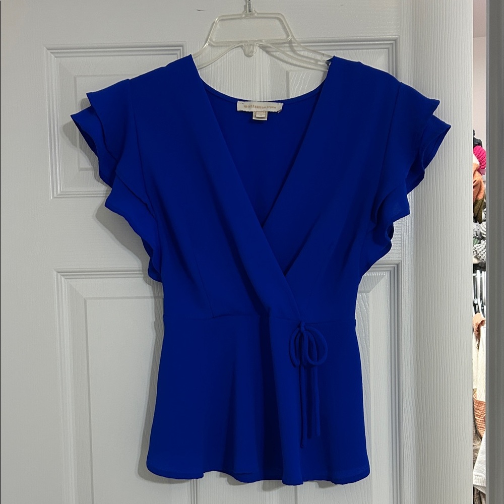Chic Royal Blue Wrap Blouse